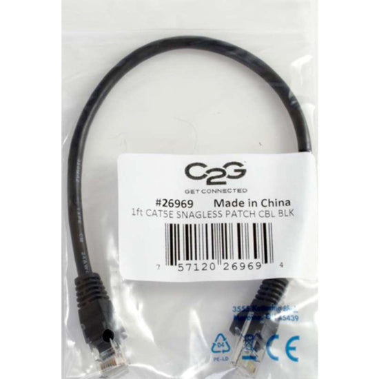 Product label showing C2G Cat5e cable specifications and certifications