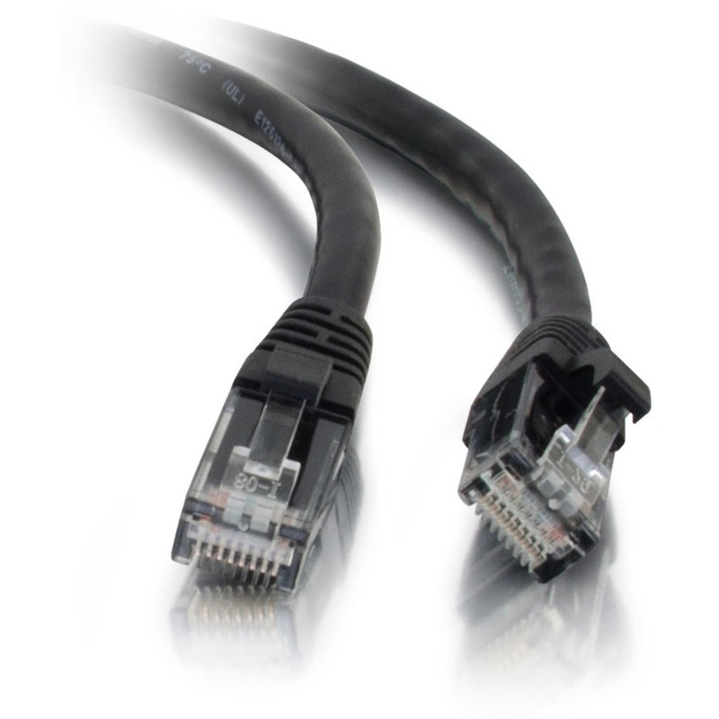 Close-up view of transparent RJ-45 connectors on both ends of a black Cat5e ethernet cable