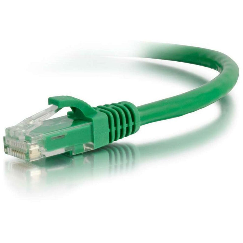 Close-up view of green Cat5e ethernet cable RJ-45 connector with snagless boot and transparent housing