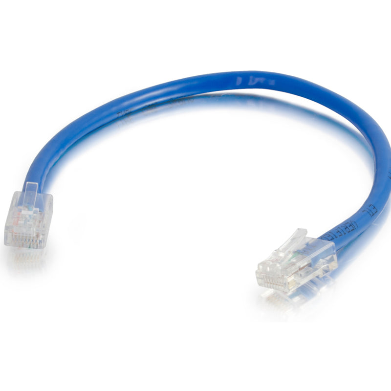 Full length view of blue Cat5e patch cable showing flexibility and both connectors