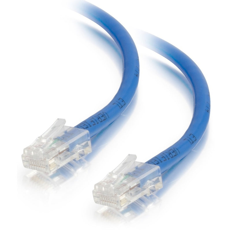 Close-up view of blue Cat5e ethernet cable with transparent RJ-45 connectors showing internal wiring