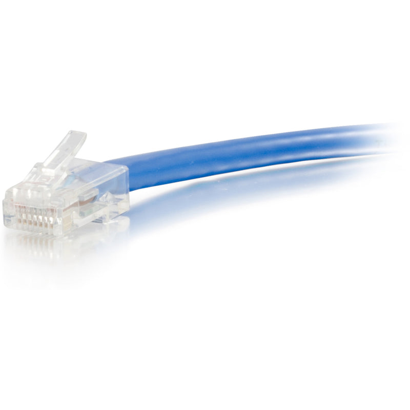 Side view of Cat5e cable showing connector and blue jacket construction