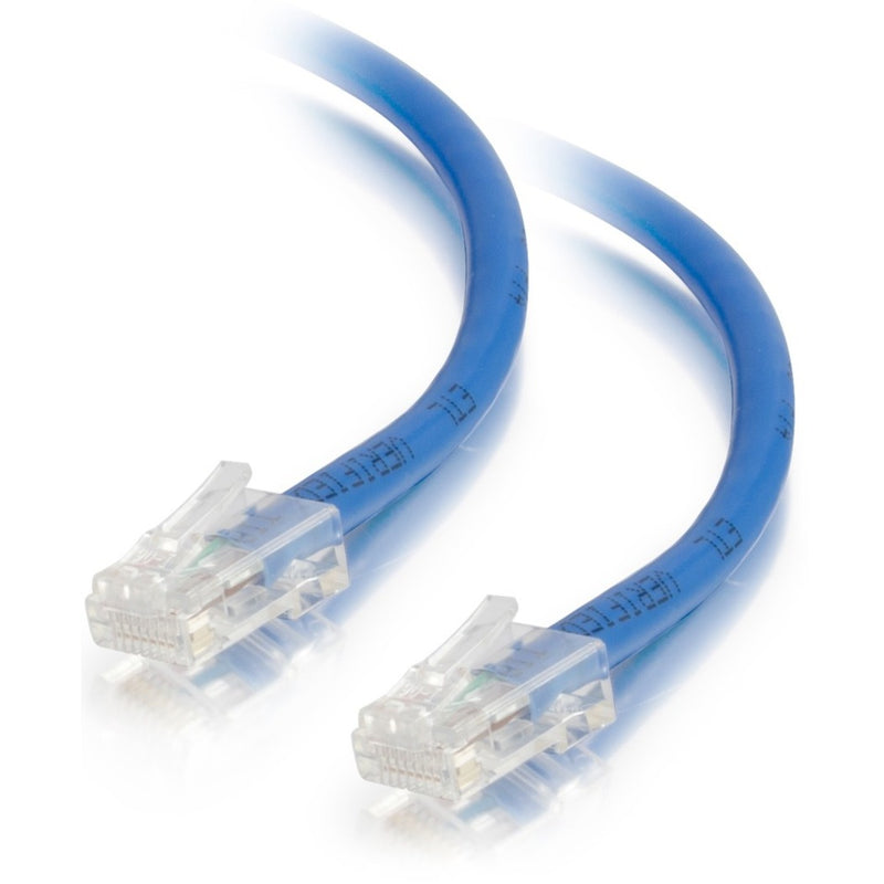 Blue Cat5e network patch cable with clear RJ-45 connectors showing internal wiring