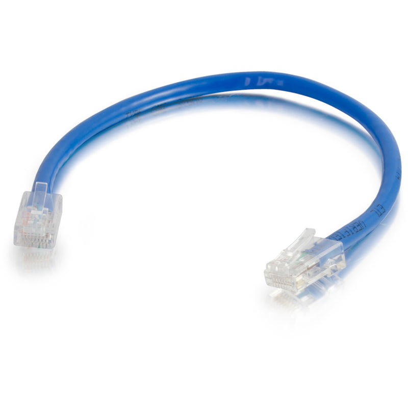 Curved view of blue Cat5e patch cable showing flexibility and connector detail