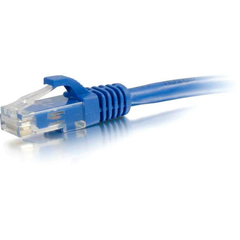 Close-up view of blue Cat5e ethernet cable connector showing snagless boot and RJ-45 termination