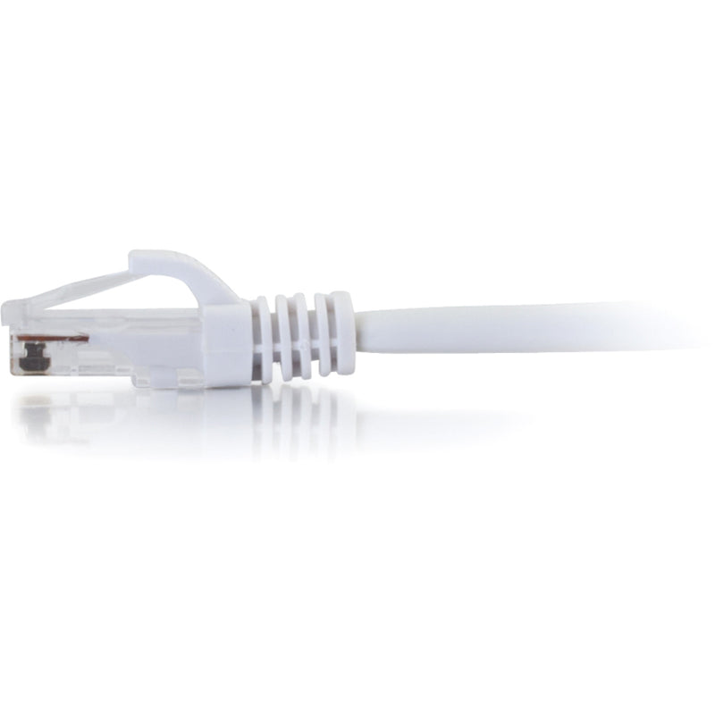 Side profile of white Cat6 ethernet cable showing strain relief boot and cable jacket