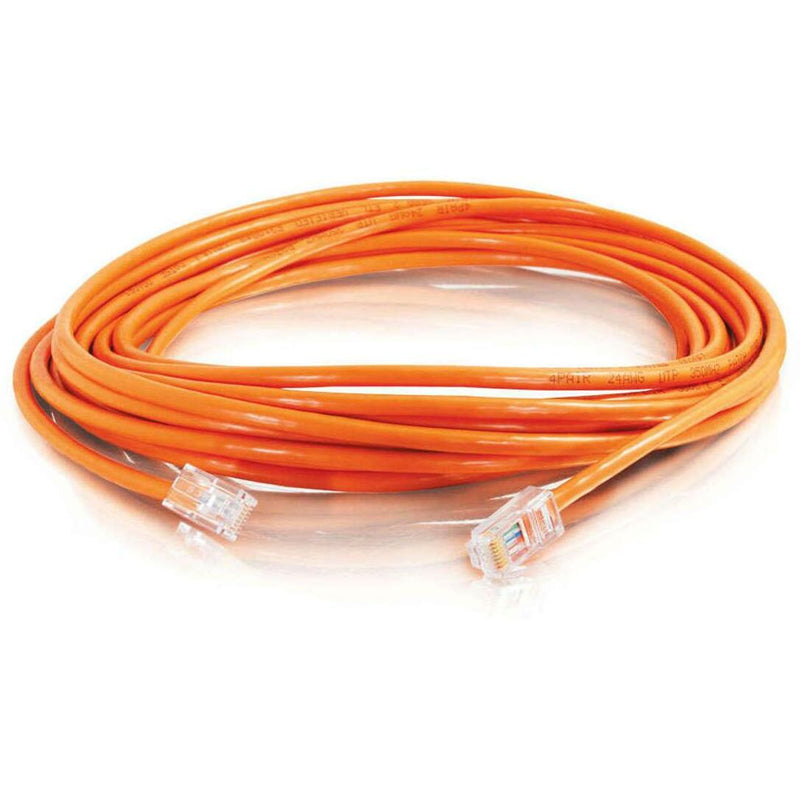 Full length view of orange Cat5e crossover network cable with RJ-45 connectors