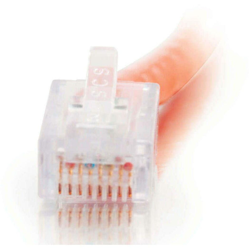 Macro shot of RJ-45 connector pin layout on Cat5e crossover cable