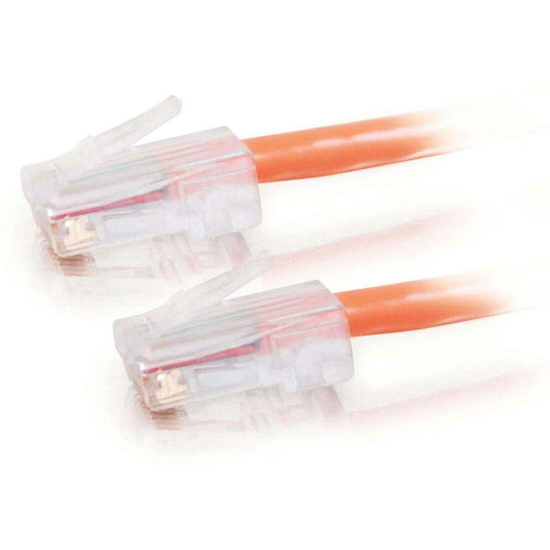 Dual RJ-45 connector ends of orange Cat5e crossover cable