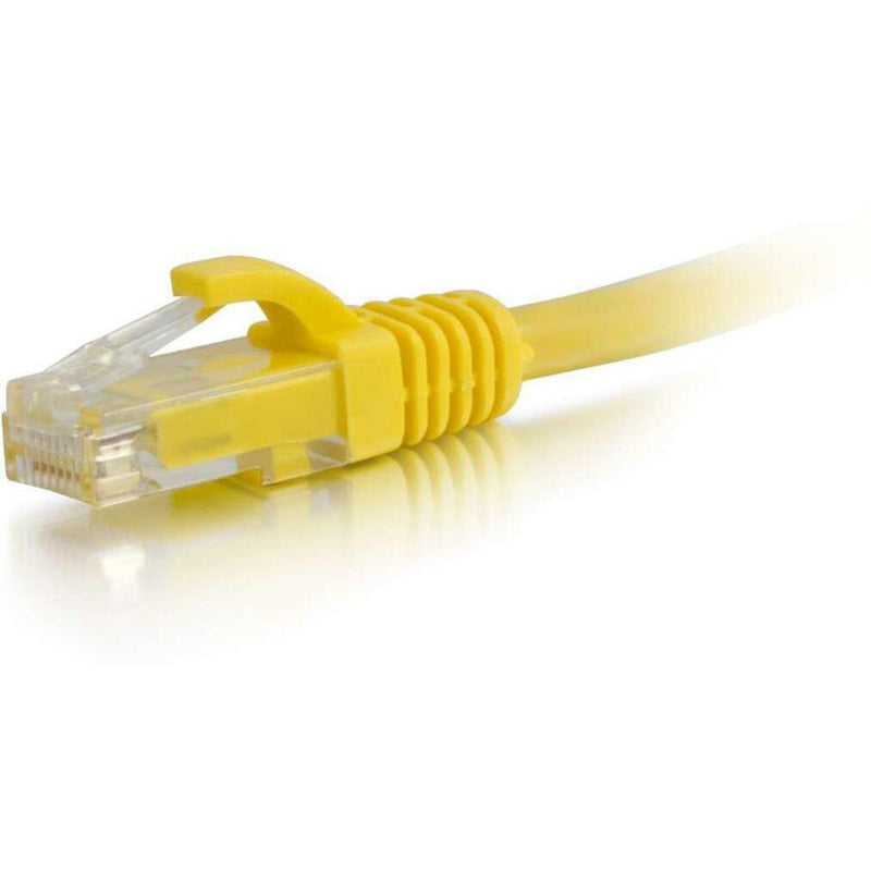 Close-up view of yellow Cat5e ethernet cable connector with snagless boot design