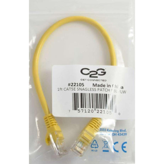 Product packaging showing certification labels and specifications of yellow Cat5e cable