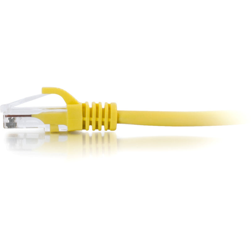 Side profile of yellow Cat5e cable showing strain relief boot design