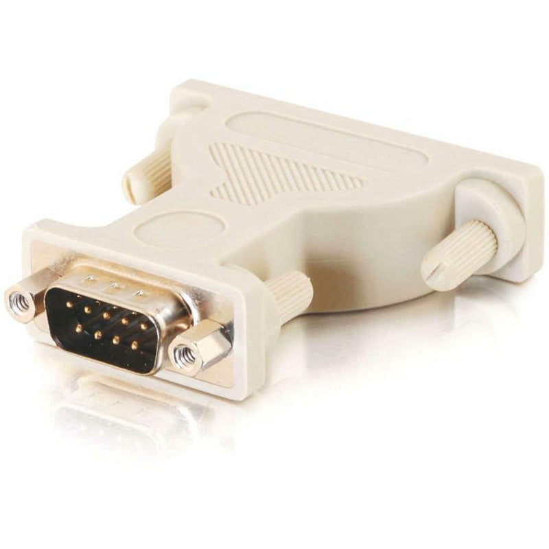 DB9 male to DB25 male serial adapter in beige showing 9-pin connector end