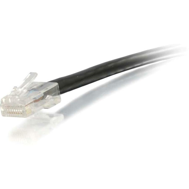 Close-up view of transparent RJ-45 connector on black Cat5e network cable