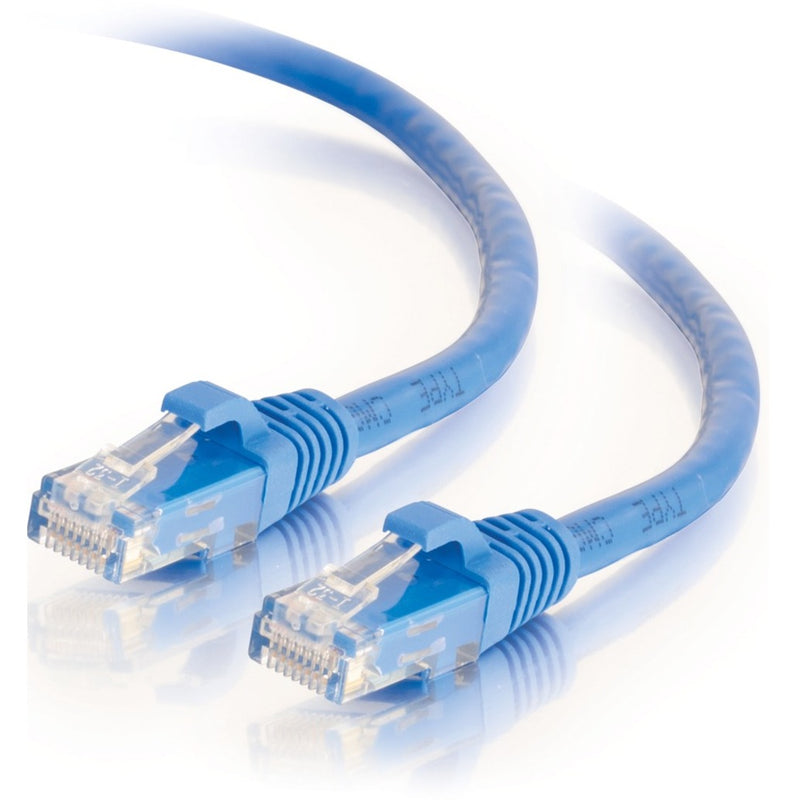 Close-up of blue Cat6 ethernet cable showing both RJ-45 connectors with clear housing and strain relief boots