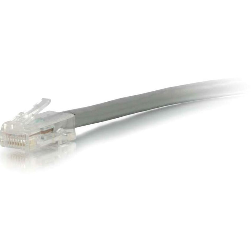 Close-up view of transparent RJ-45 connector on gray Cat5e ethernet cable