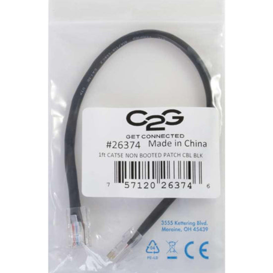 C2G Cat5e network cable in retail packaging showing product label and certifications