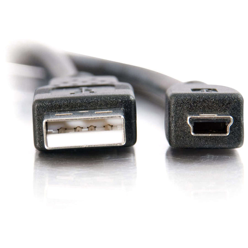 Detailed close-up of USB-A and Mini-B connector ends showing internal contact pins