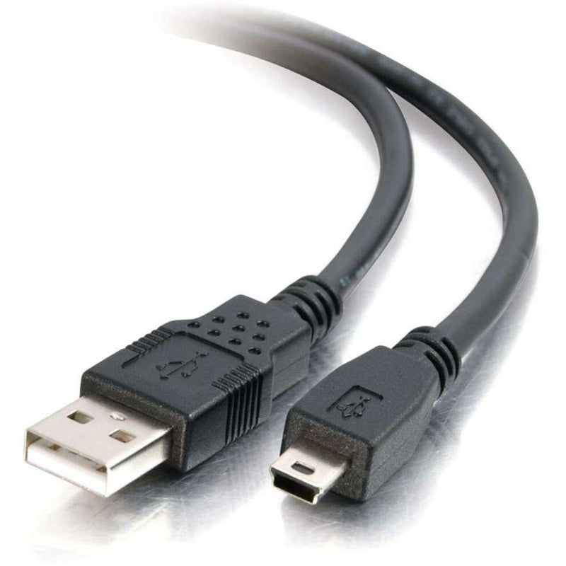 Black USB Type-A to Mini-B cable showing both connector ends with distinctive USB symbols