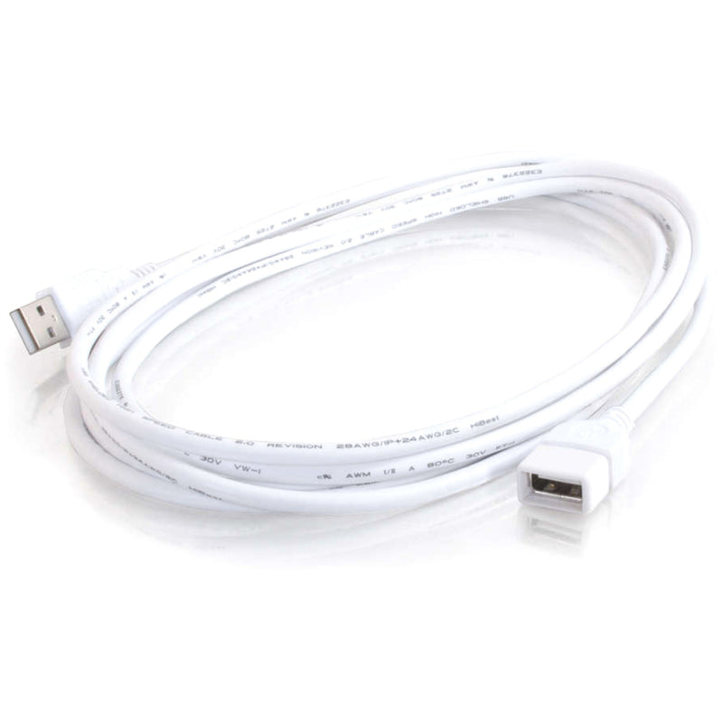 Full length view of white USB extension cable showing flexible design