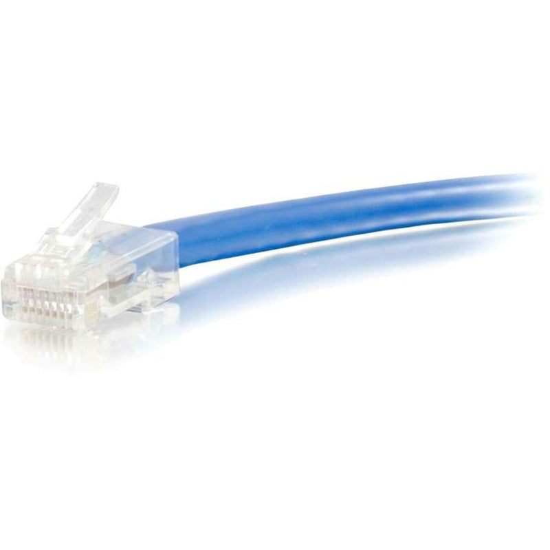 Close-up view of transparent RJ-45 connector on blue Cat5e ethernet cable