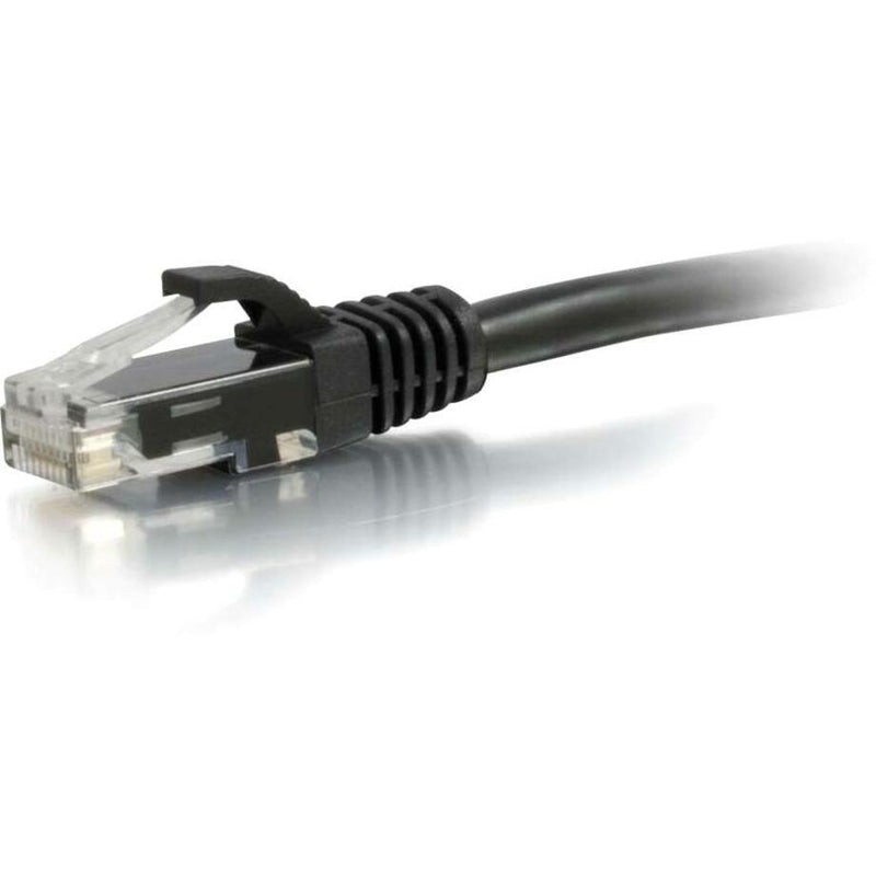 Close-up view of RJ-45 connector with snagless boot and strain relief on Cat5e ethernet cable