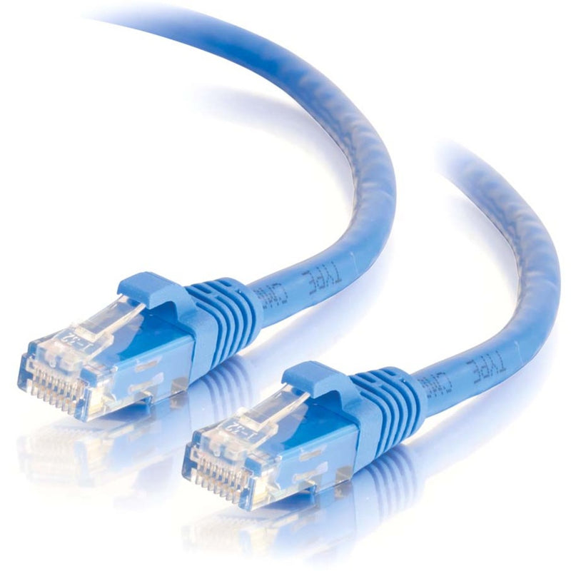 Full view of Cat6 ethernet cable showing both RJ-45 connectors with blue jacket