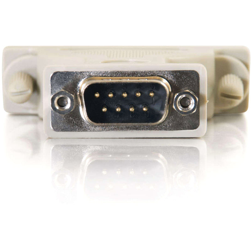 Close-up view of DB9 male connector showing gold-plated pins and metal shield