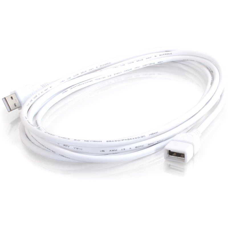 Full length view of white USB extension cable showing both ends and cable construction