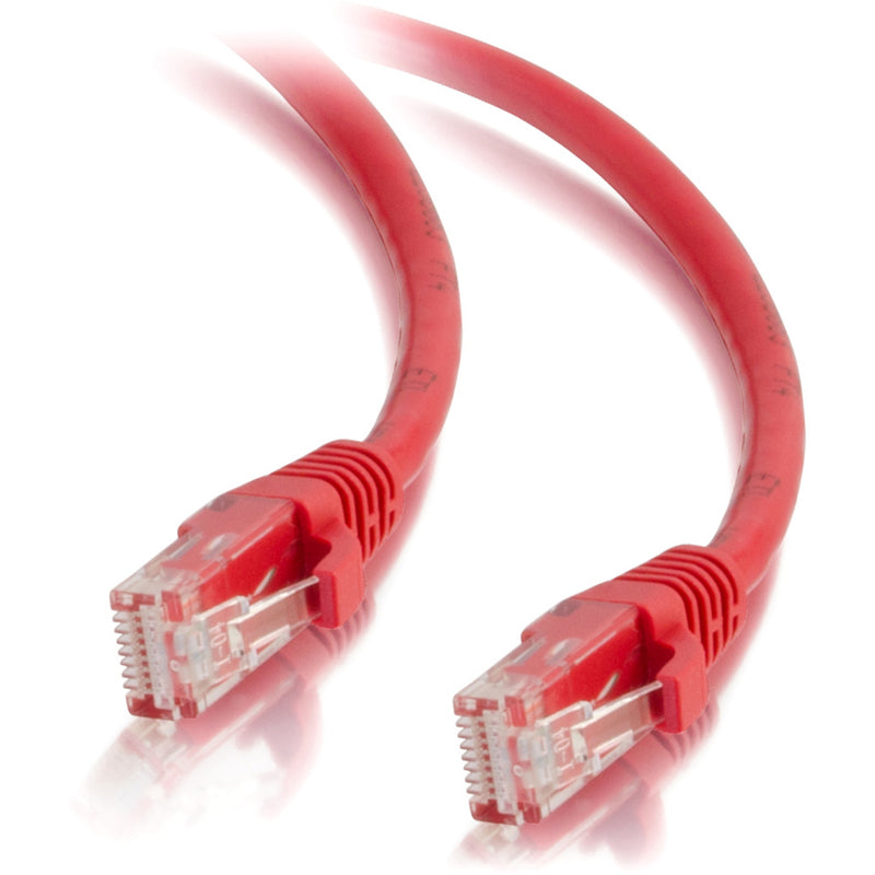 Dual ended view of red Cat5e patch cable showing both RJ-45 connectors