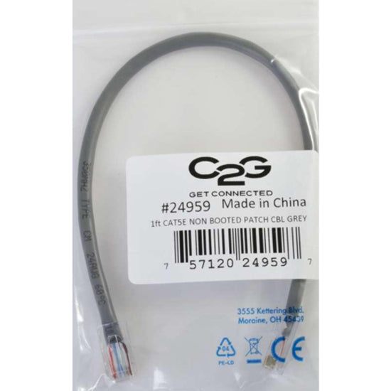 Product label showing C2G branding, certification marks, and barcode on Cat5e cable package