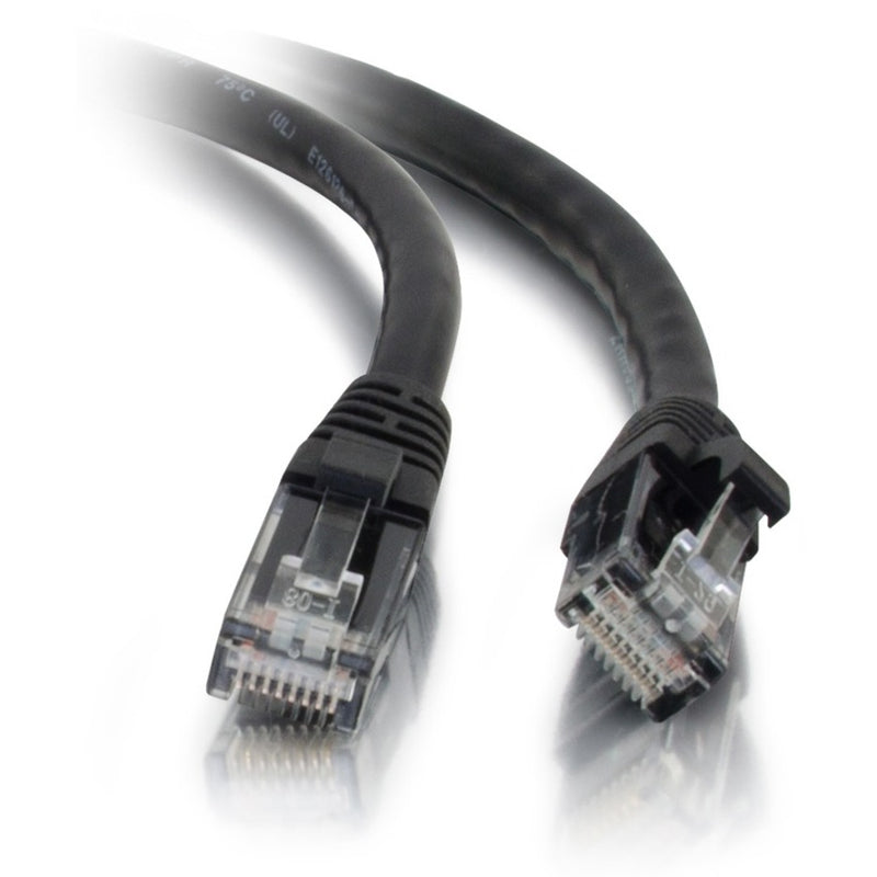 Close-up view of transparent RJ-45 connectors on black Cat5e network cable showing internal copper contacts