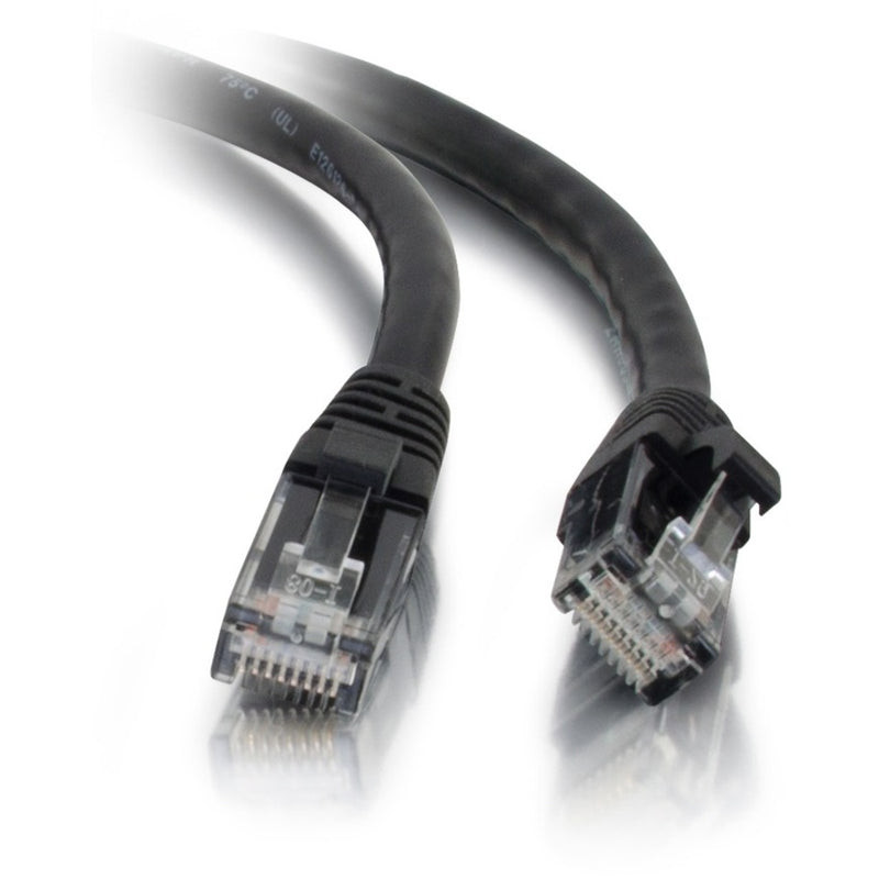 Close-up view of transparent RJ-45 connectors on both ends of a black Cat5e ethernet cable showing internal pin structure