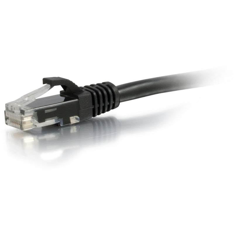 Detailed view of the strain relief boot and RJ-45 connector on black Cat5e ethernet cable