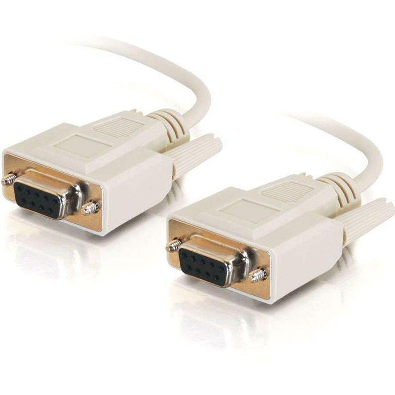 Close-up view of DB9 female connectors on both ends of a beige null modem cable