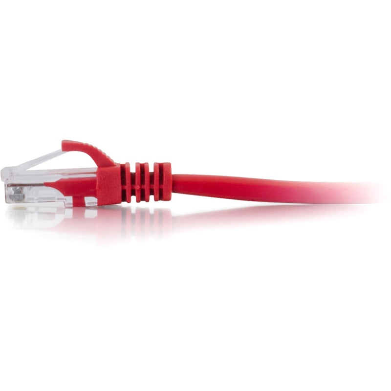 Side view of red Cat5e ethernet cable showing strain relief design and connector profile