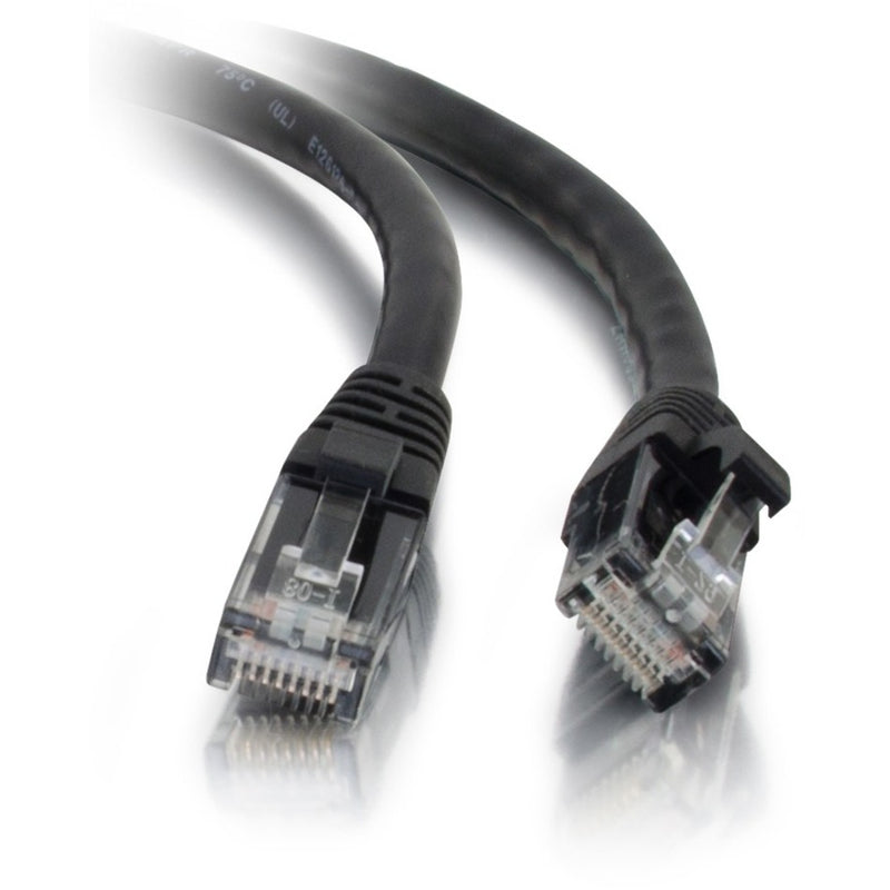 Close-up view of transparent RJ-45 connectors on black Cat5e ethernet cable showing internal wiring