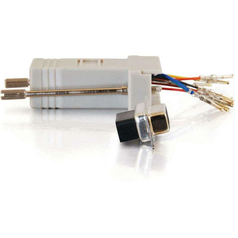 Side profile view of the RJ45 to DB9 adapter showing mounting points and housing design