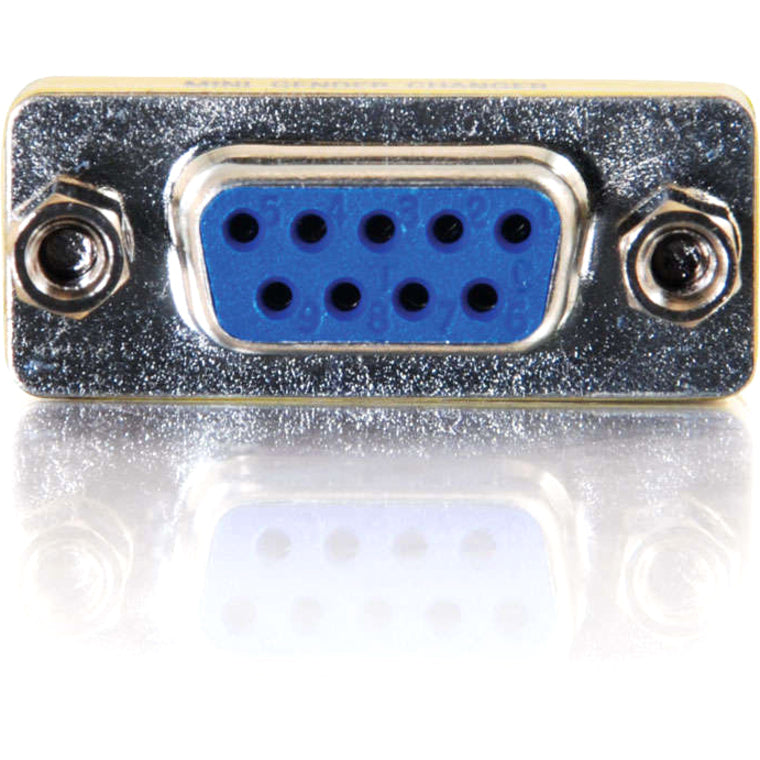 Front view of DB-9 female connector showing blue 9-pin interface and mounting screws