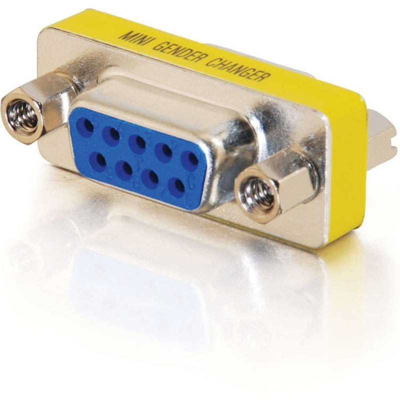 Side view of C2G DB-9 Mini Gender Changer showing yellow casing and blue 9-pin female connector port