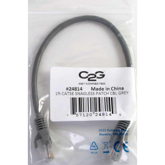 Product label and packaging of C2G Cat5e ethernet cable showing model information and certifications