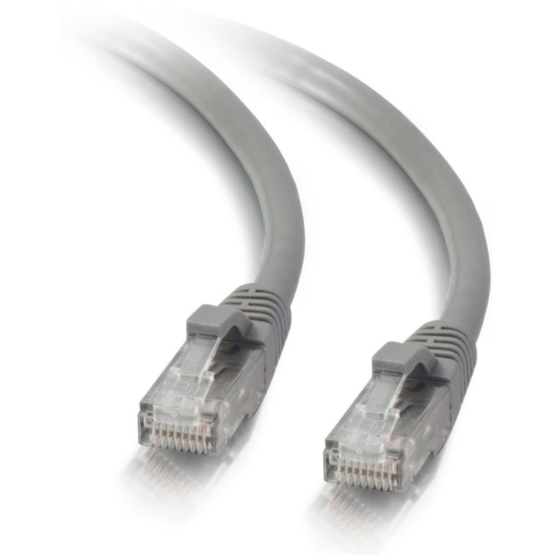 Close-up view of gray Cat5e ethernet cable with transparent RJ-45 connectors showing internal wiring