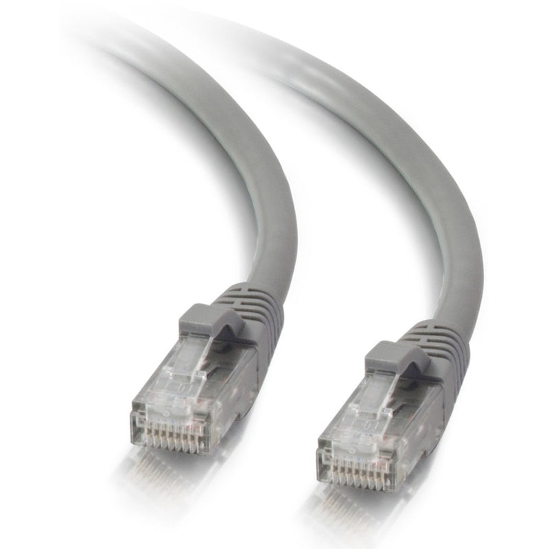 Close-up view of Cat5e ethernet cable with RJ-45 connectors showing clear connector design