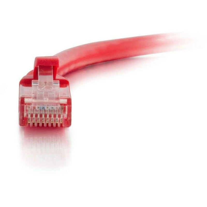 Detailed view of Cat6 cable RJ-45 connector showing internal pin configuration and red strain relief boot