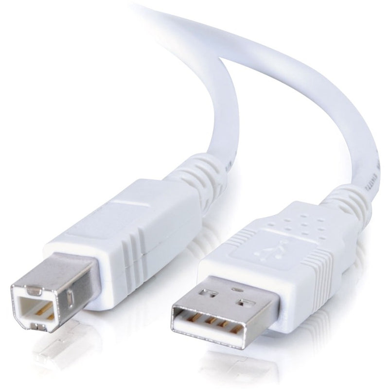 Close-up view of white USB Type-A and Type-B connectors on C2G data transfer cable