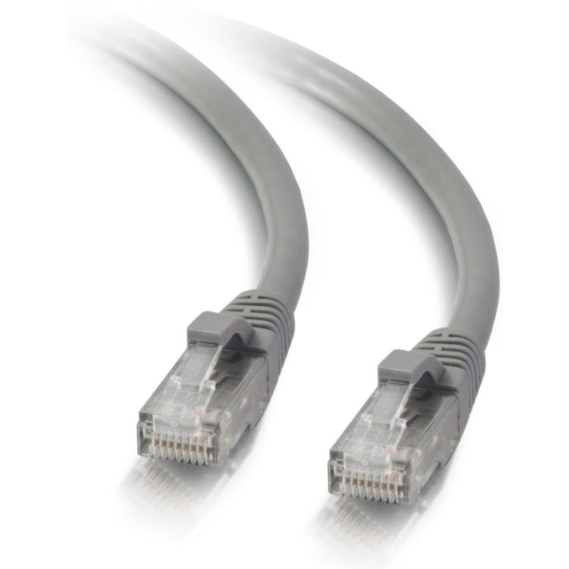 Close-up view of RJ-45 connectors on both ends of a gray Cat5e ethernet cable