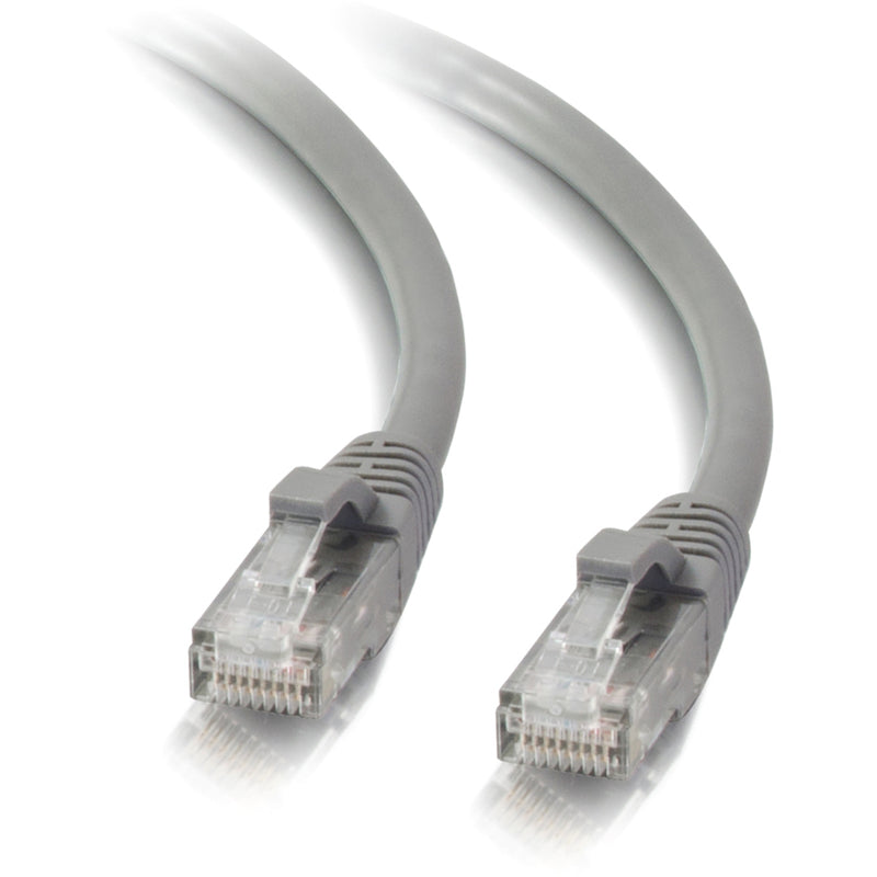 Full length view of gray Cat5e patch cable showing both RJ-45 connectors