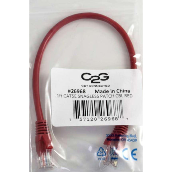 Product packaging showing C2G certification labels and specifications for red Cat5e cable