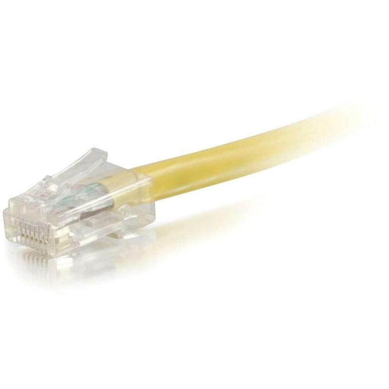 Side view of yellow Cat5e network cable showing PVC jacket and connector interface