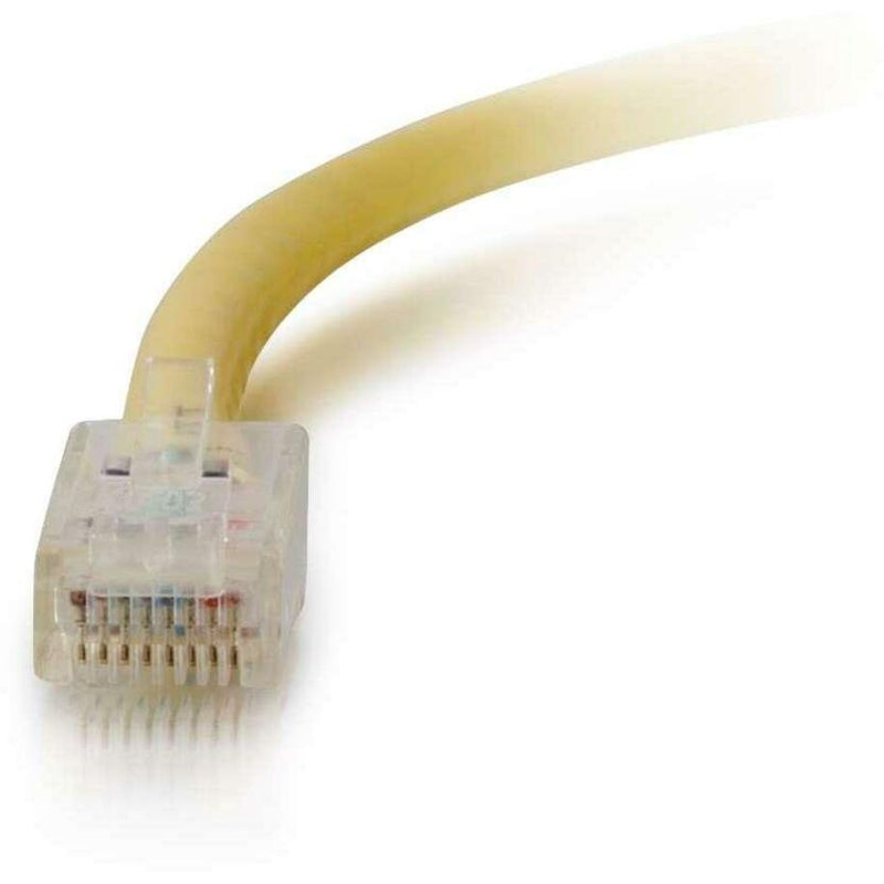 Detailed view of RJ-45 connector pins on yellow Cat5e patch cable showing 8-pin layout